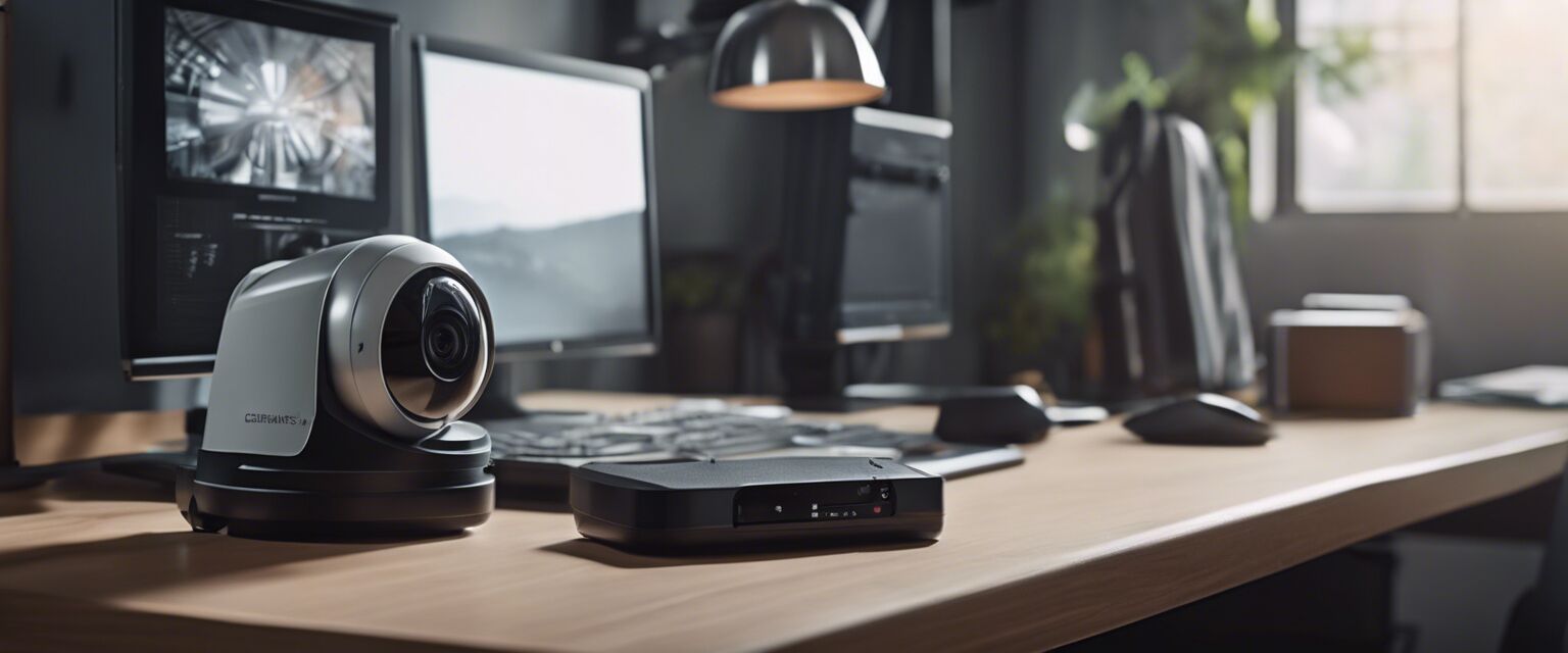 Close-up of lock and camera setup for home office security